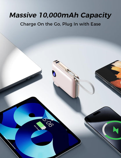 Sucrosey Portable Charger with Built-in Cables & Wall Plug, 10000mAh Power Bank, 4 Outputs 22.5W USB C Fast Charging, Slim Travel Battery Pack with LED Display for iPhone 17/16/15/14, Rosegold