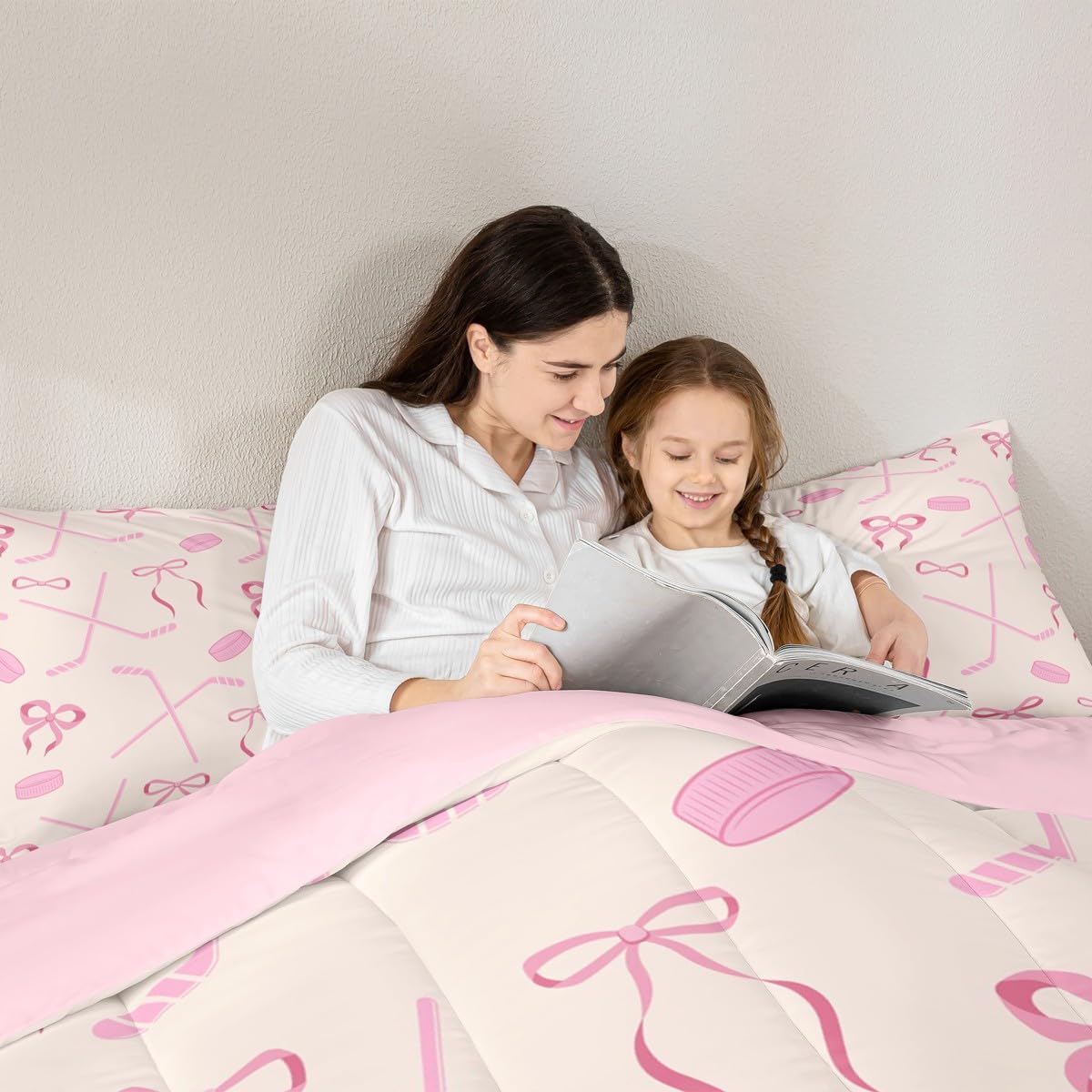 Castle Fairy Ice Hockey Full Bedding Set for Kids Adults,Girls Pink Hockey Stick and Ball Comforter Bed Set,Butterfly Bow Princess Style Quilt Set 3 PCS,Kawaii Girls Woman Duvet Insert,2 Pillow Cases
