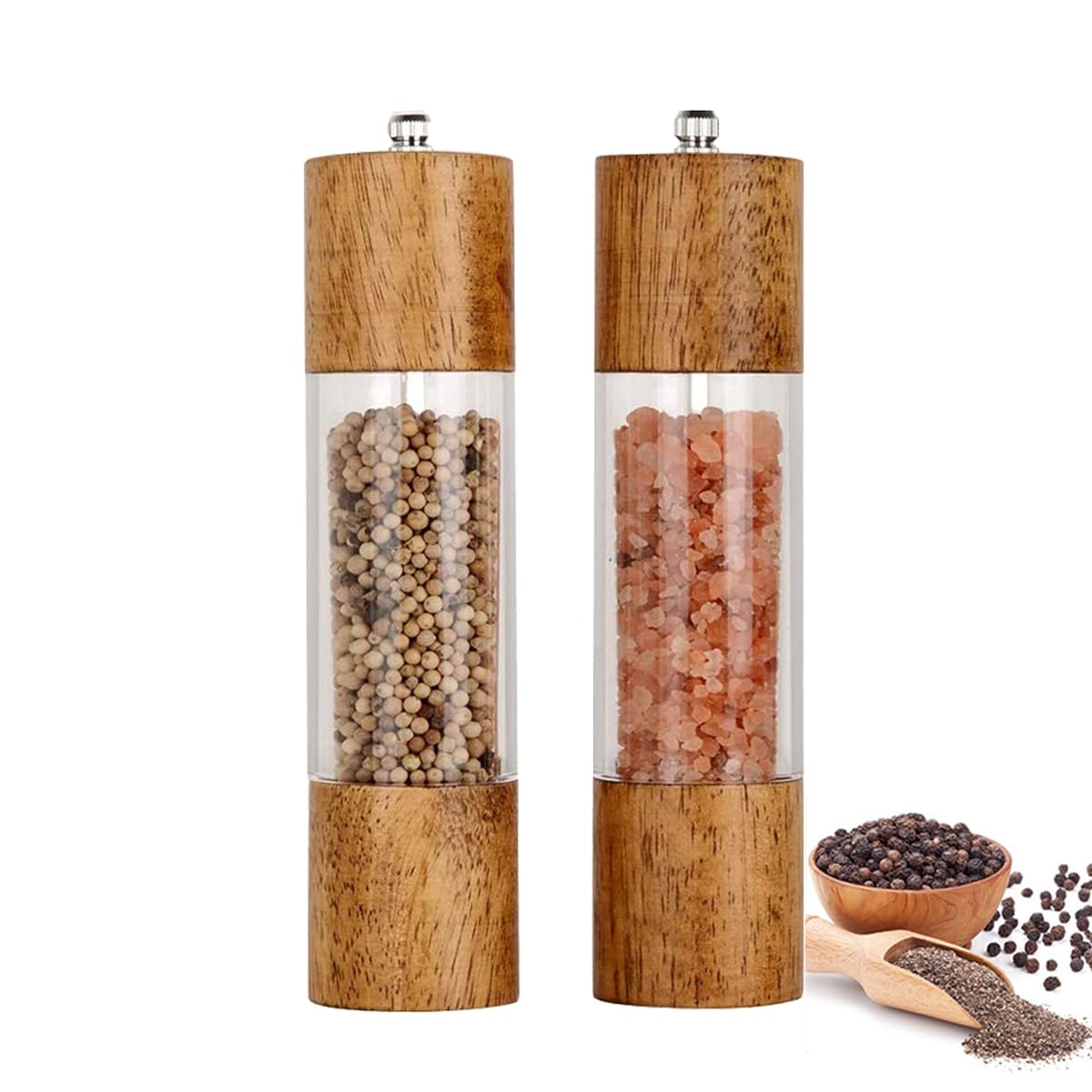 （Pack of 2）Salt and Pepper Grinder Set,Wooden Salt and Pepper Shakers,Adjustable Pepper Grinder and Salt Grinder for Coarse and Fine Grinding,Pepper Mill Grinder-8 Inches (8 Inches)