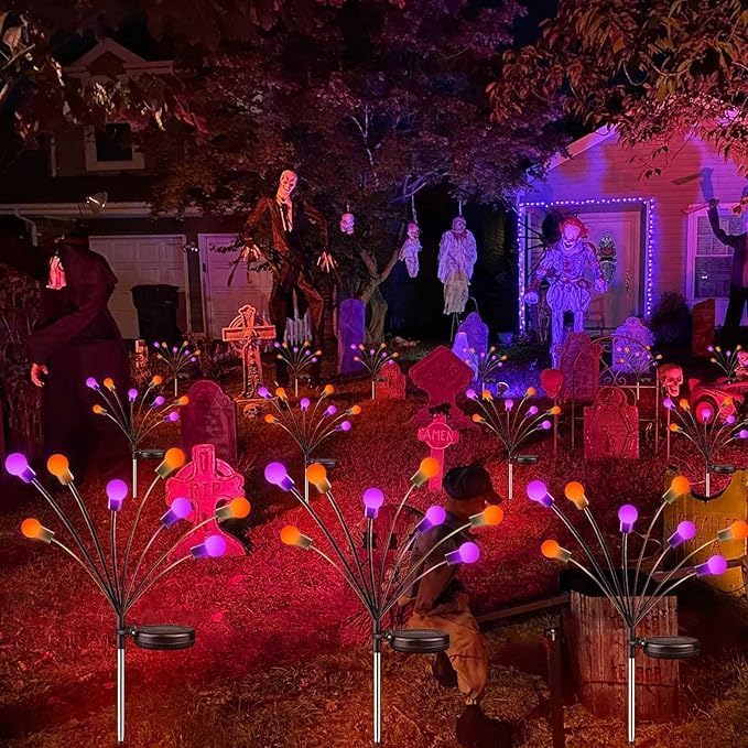 6Pack Total 48 LED Purple and Orange Solar Halloween Lights Outdoor - Solar Firefly Lights Outdoor, Sway by Wind, Waterproof for Garden Patio Pathway Halloween Decorations