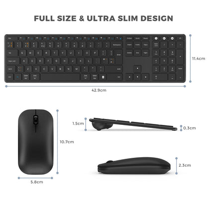 seenda SKM64-3 Wireless Bluetooth Keyboard Mouse, Multi - Device Ultra Slim Rechargeable Wireless Mouse and Keyboard Set for Windows, Mac OS, Laptop, iPad, Tablet, QWERTY UK Layout, Black