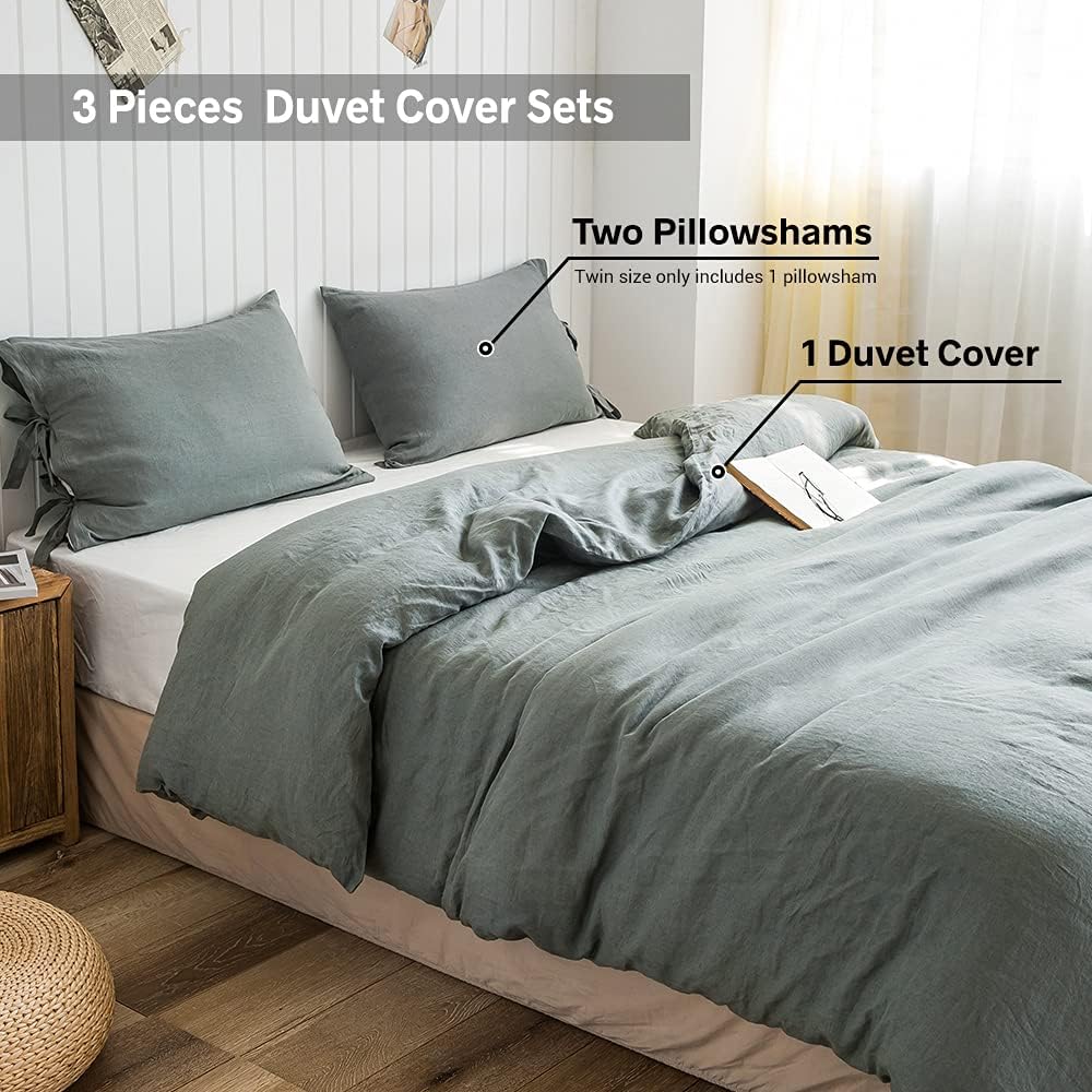 Simple&Opulence 100% Linen Duvet Cover Set, 3 Pieces Belgian Flax Breathable Bedding, King Size 104''x92'' (1 Comforter Cover+2 Pillowshams) with Tie Closure Style,Greyish-Green