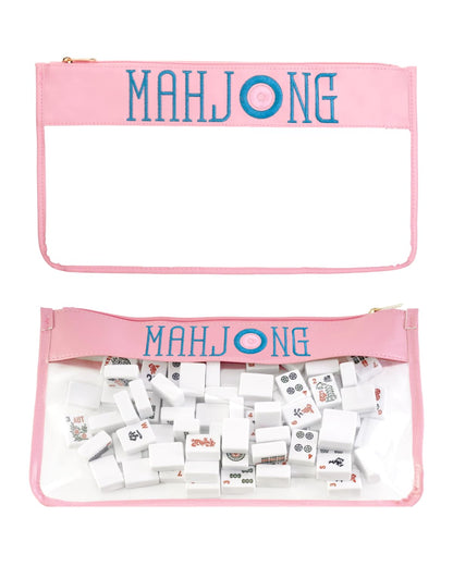 FUYIHGL® American Mahjong Tiles Bag with Zipper - Pink Empty Clear Carrying Case Only - Tiles Storage Holder with Embroidery Lettering - Up to 166 Tiles - Mah Jongg Accessories and Gifts for Women