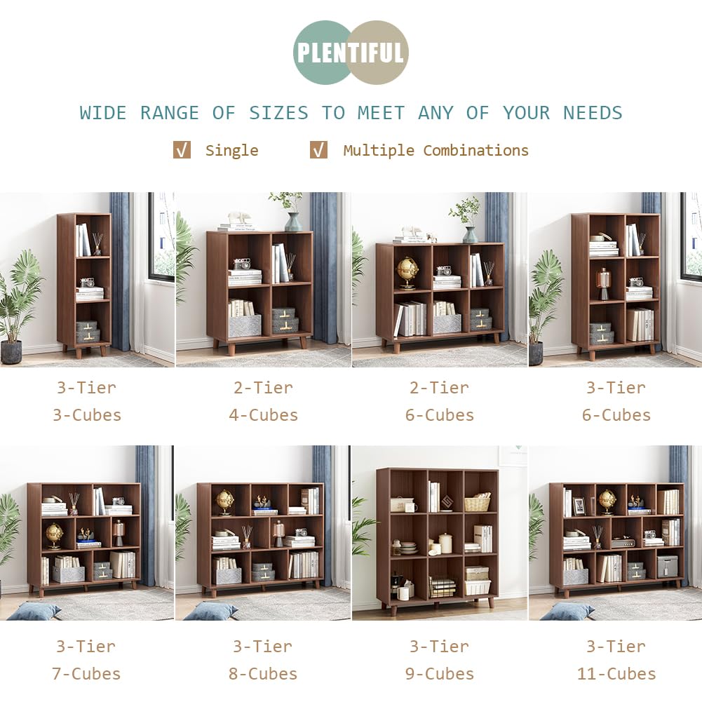 IOTXY Open Cube Low Bookcase - 3-Tier Freestanding Storage Display Cabinet Organizer with Legs for Home Office, 3-Cubes Open Shelf Short Bookshelf, Walnut