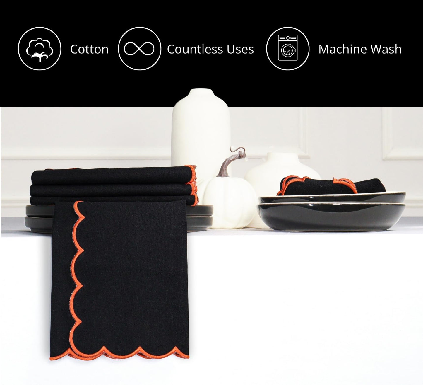 PurpleEssences Scalloped Embroidery Cloth Napkins Table Decor Fall Thanksgiving Halloween 100% Cotton Set of 4-18 x 18 inch - Black - Edges - Orange
