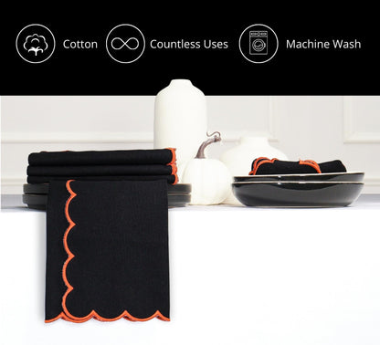 PurpleEssences Scalloped Embroidery Cloth Napkins Table Decor Fall Thanksgiving Halloween 100% Cotton Set of 4-18 x 18 inch - Black - Edges - Orange