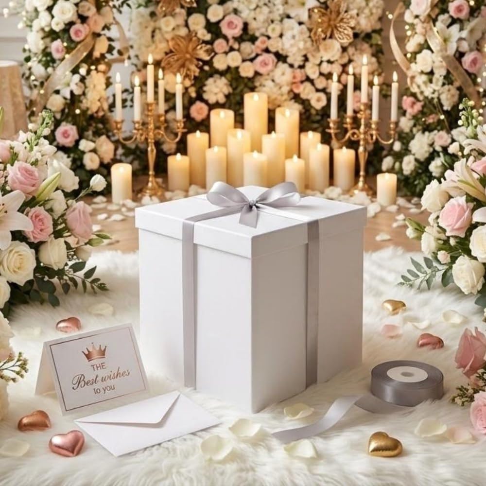 UoeRing Glossy White Large Gift Box 1Pcs 12x12x11 Inch,Gift Box with Lid for Presents Birthdays,Christmas Valentine's Day,Mother's Day, with Ribbon Card Envelope Shredded Paper Fill