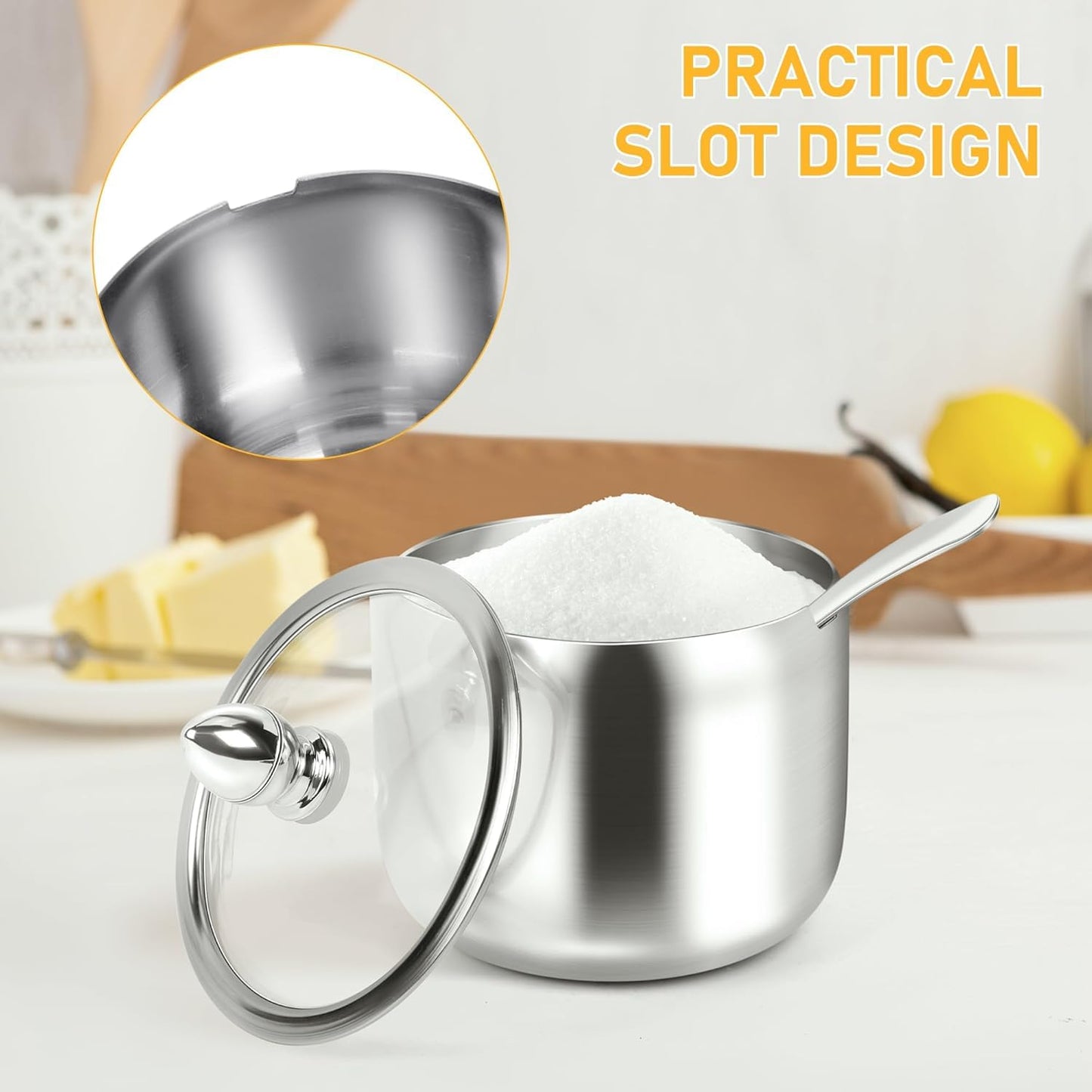 holoith 2 Pack Coffee and Sugar Dispenser with Tray - 10 oz Sugar Bowl with Glass Lid and Spoon for Coffee Bar Accessories Kitchen Storage for Salt,Coffees Bean,Brown Sugar Cubes (Silver)