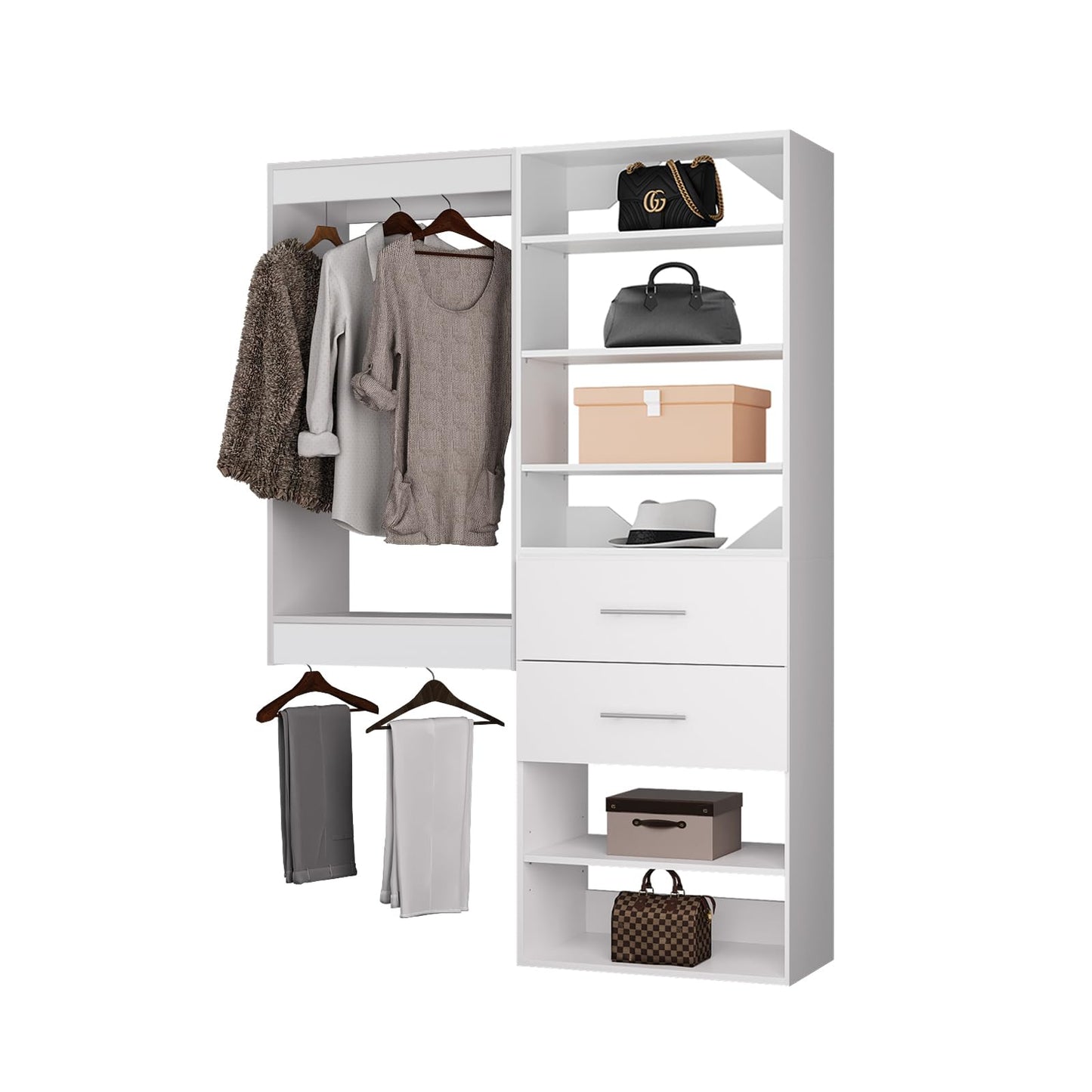ROOMTEC Modular Closet System, 58" Wall Mounted Closet Organizer with Hanging Rods and Drawers, Wooden Tower for Walk-In Closets, Wardrobe Storage Kit, White