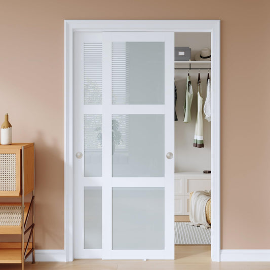 EaseLife 48x80 in (Double 25in) Sliding Closet Door for Bedroom, 3-Lite Frosted Glass Sliding Door with Hardware Track Kit & Floor Guide, Preassembled Door Panel, MDF White Pocket Doors