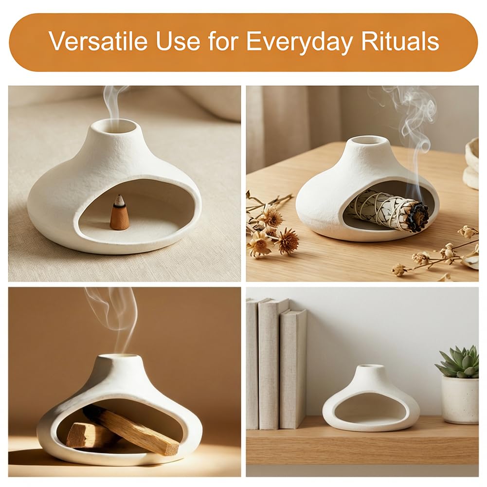 Palo Santo Holder Ceramic Incense Burner, Mini Chimney for Burning Sage and Incense Cones, Aromatic Smudge Bowl for Meditation and Yoga, Zen Room Decor, Easy-Clean Ash Catcher (White)