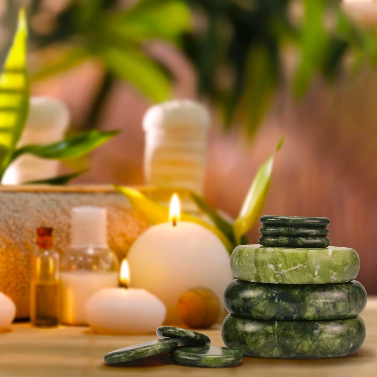 Windfulogo 4Pcs Hot Massage Stones Set Natural Green Jade Heated Warmer Stone for Spa Massage 2.36 x 3.14in (6x8cm)