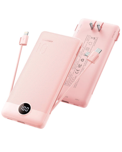 Coowisty Portable Charger Built-in Cables and Wall Plug, 10000mAh Slim USB C Power Bank, LED Display External Battery Pack Compatible with iPhone/Android & More (Pink)