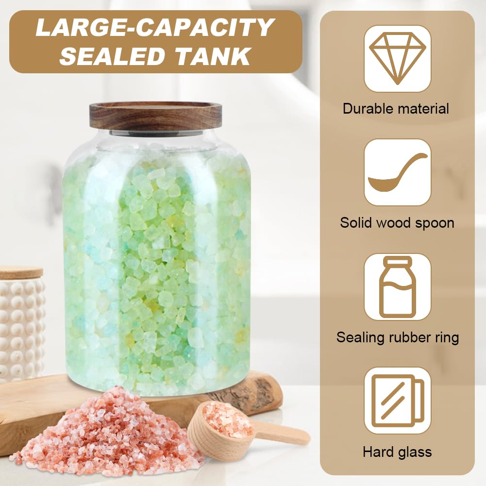 Kazheon 74 oz Bath Salt Container,Glass Bath Salts Jar with Wooden Lid and Scoop,Bathroom Organizers and Storage for Bath Flour Salt Candy Tea