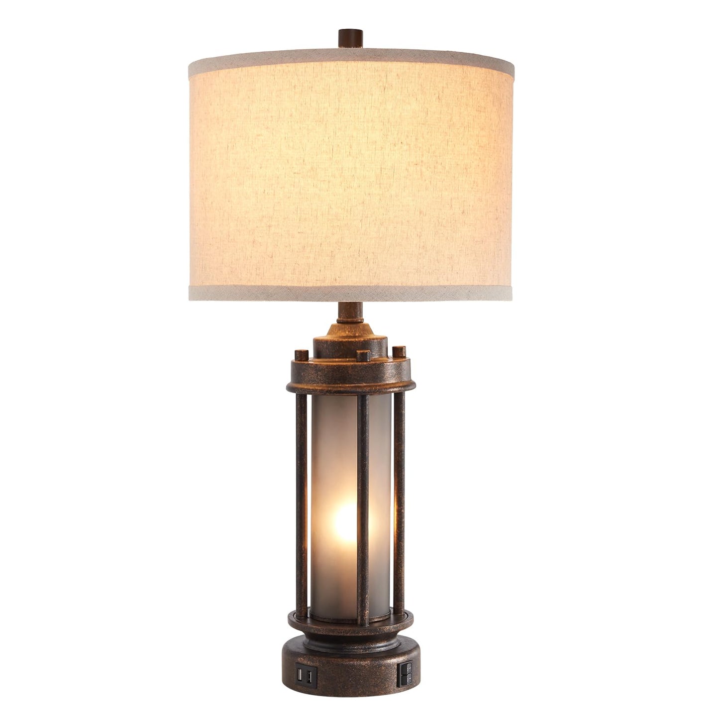 25'' Farmhouse Table Lamp with 2 USB Charging Ports, Rustic Vintage Nightstand Lamp with Frosted Glass Nightlight, Retro Desk Lamp for Living Room Bedroom End Table Entryway, 2 Bulbs Included