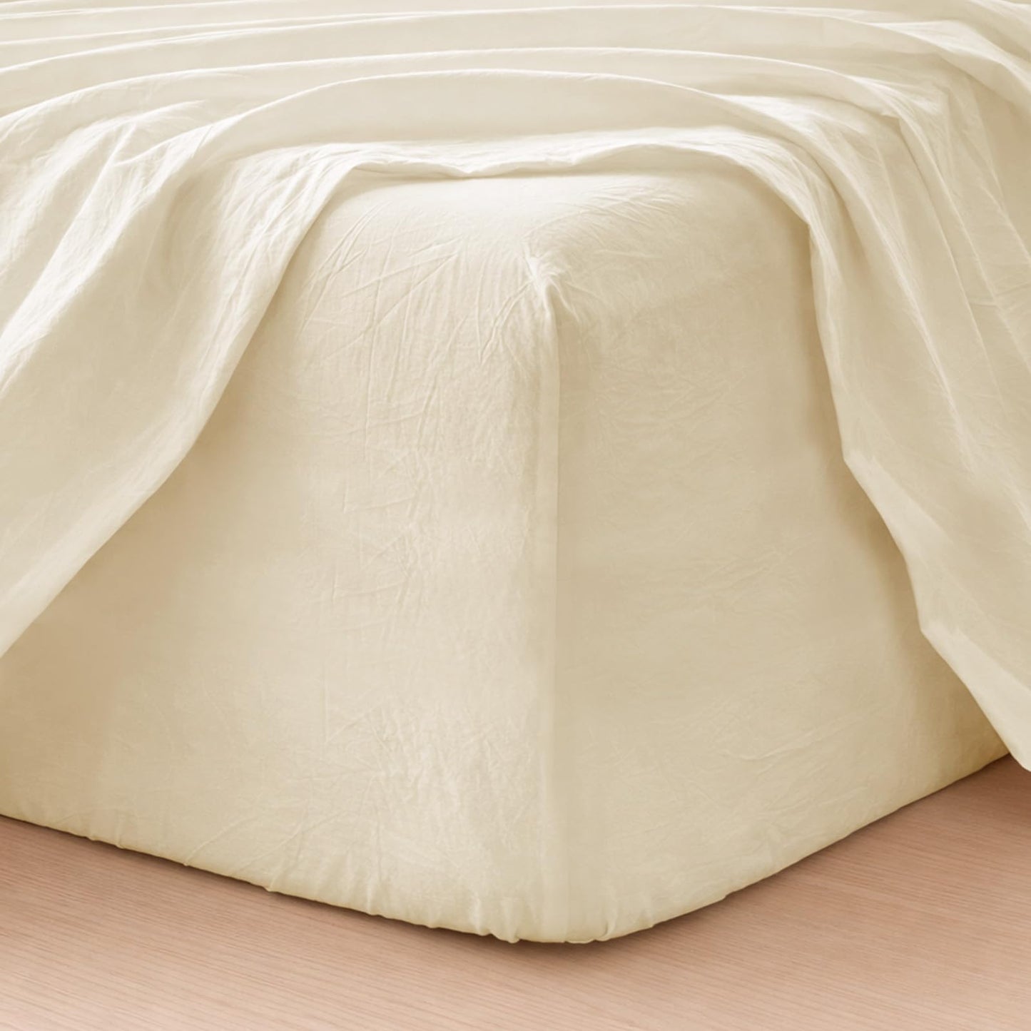 MooMee Fitted Bottom Sheet Only 100% Washed Cotton Linen Like Textured Breathable Durable Soft Comfy Deep Pocket Fits Mattress up to 17" (Cream White, King