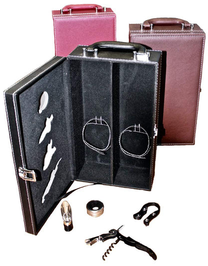 Digilant Lifestyle Top Handle Travel Two-Bottle Wine Carrier Case with 4 Piece Wine Accessory Set (Brown)