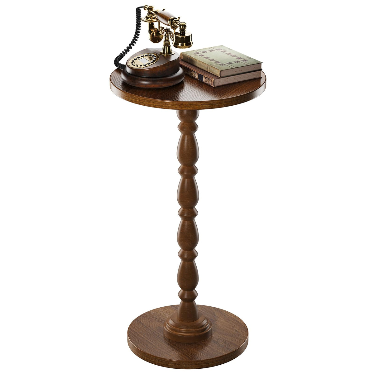 Curlaky Round Side Table - Small End Table Drink Table for Small Spaces, Vintage Accent Nightstand with Solid Wood Leg for Living Room, Bedroom, Mid-Century Modern Bedside Tables, Walnut