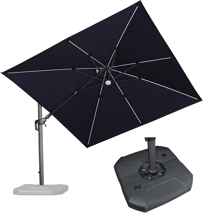PURPLE LEAF 10 Feet Patio Umbrella with Base Outdoor Patio Solar Powered LED Swivel Square Umbrella Aluminum Offset Umbrella with 360-degree Rotation for Garden Deck Pool Patio, Navy Blue
