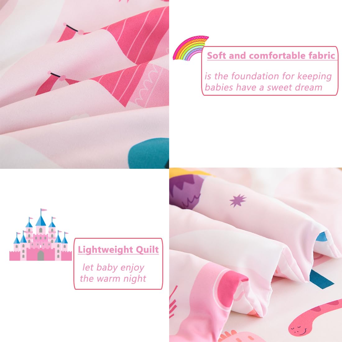 PERFEMET 4 Pieces Girls Toddler Bedding Set Pink Castle Fairy Tales Toddler Comforter Set Reversible Colorful Rainbow Princess Printed Toddler Bed Set with Sheets(Pink, Castle)