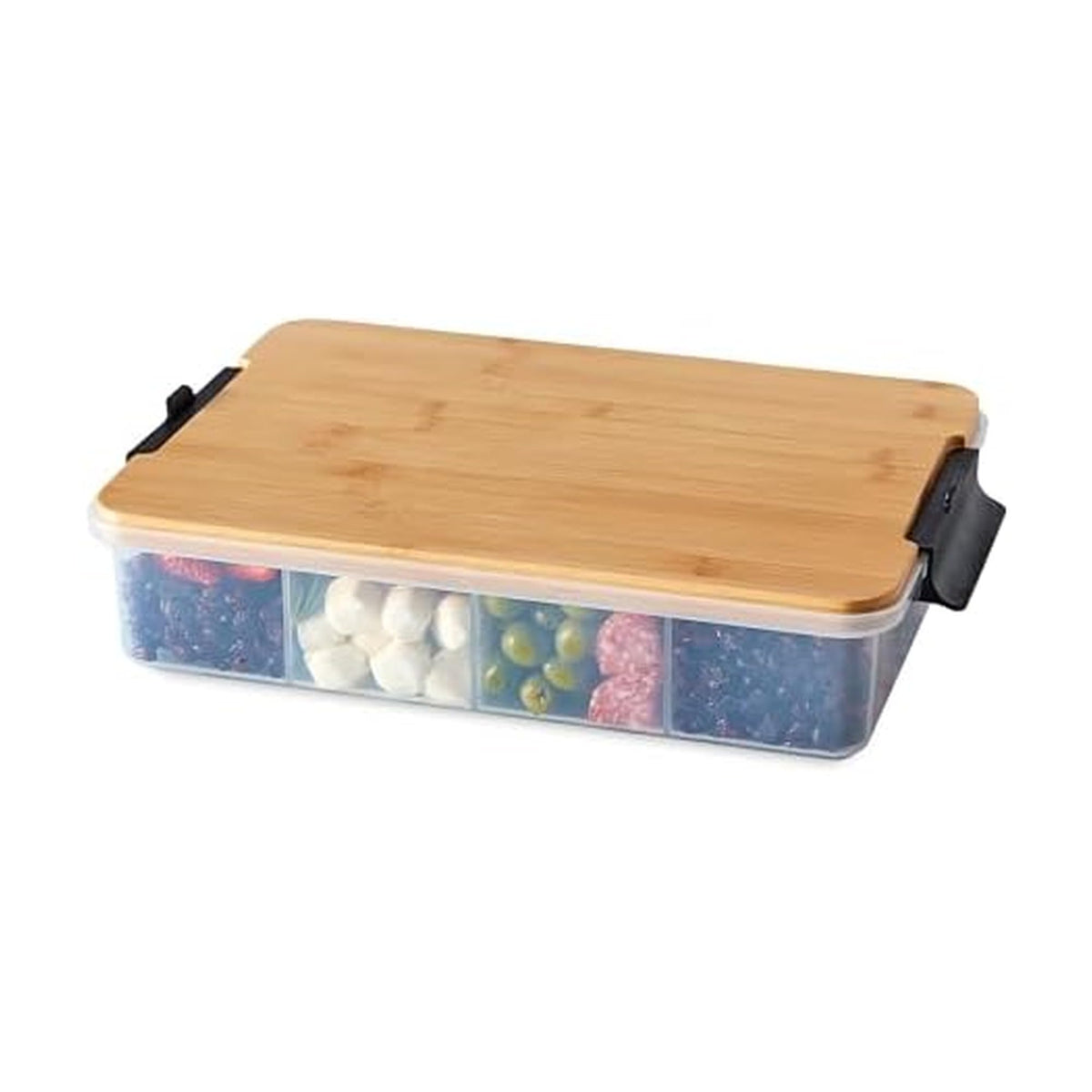 Farberware Snacklebox 11x16 Inch Bamboo Cutting Board Lid with 11-Compartment PP Snack Box, Locking Handles for Travel - Charcuterie Board with Lid for Picnics, Road Trips, and Outdoor Entertaining