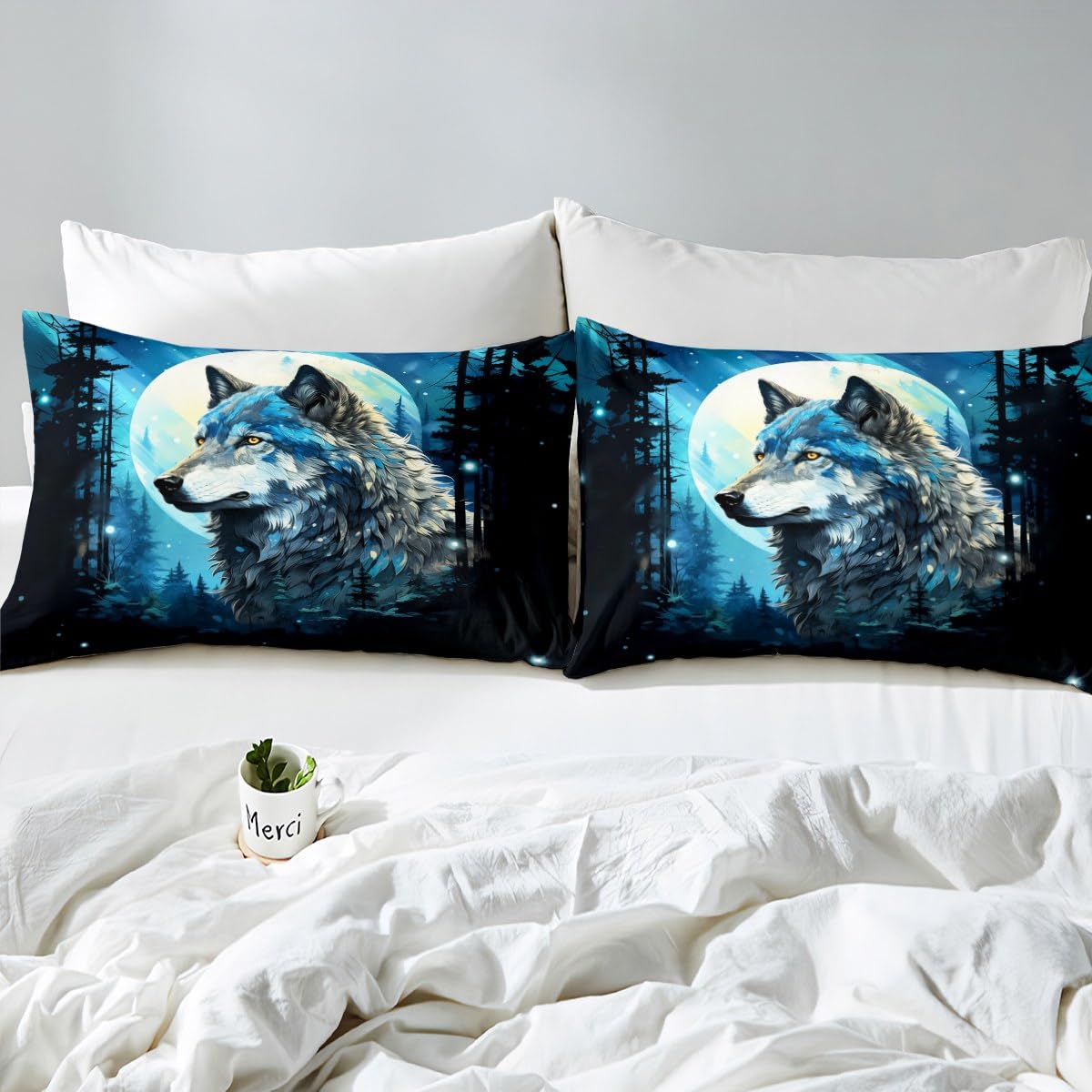 Wolf Fitted Sheet Queen Size,Nature Tree Jungle Mountain Bed Sheet Moon Night Starry Sky Bedding Set 3Pcs for Kids Boys Teens Men Room Decor,Wild Animals Theme Deep Pocket Sheet,2 Pillowcases