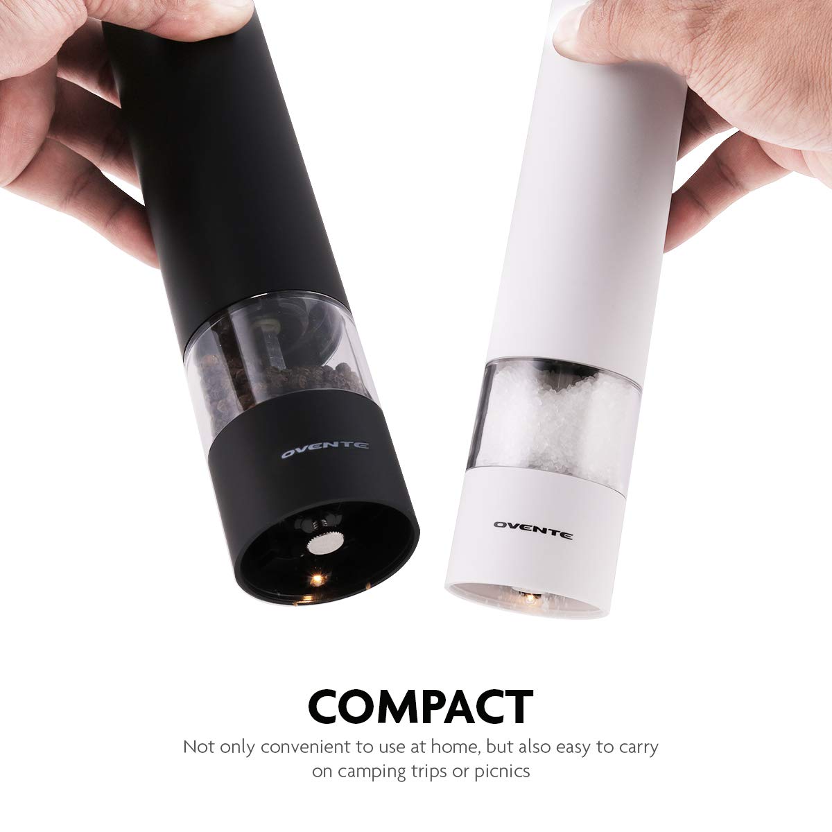OVENTE Set of 2 Electric Salt & Pepper Mill Grinder, Battery Powered Stainless Steel Blades Automatic One Handed Operation with light and Adjustable Coarseness, Black and White SPD102BW