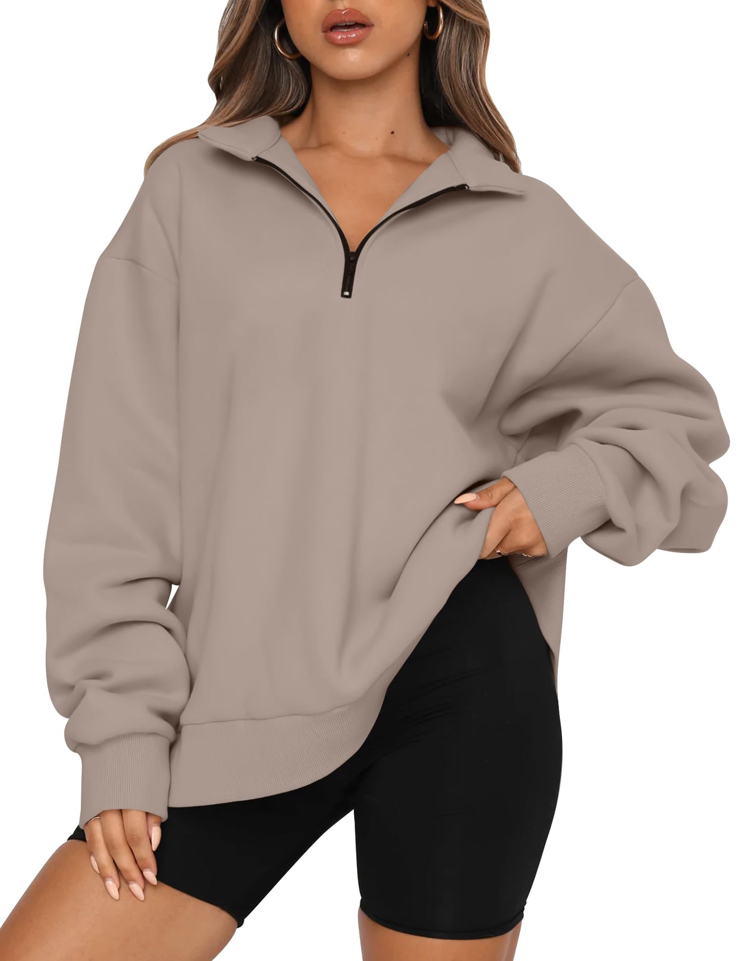 Trendy Queen Womens Oversized Sweatshirts Fall Sweaters Fashion Hoodies Half Zip Pullover Long Sleeve Shirts Clothes 2025 CoffeeGrey M