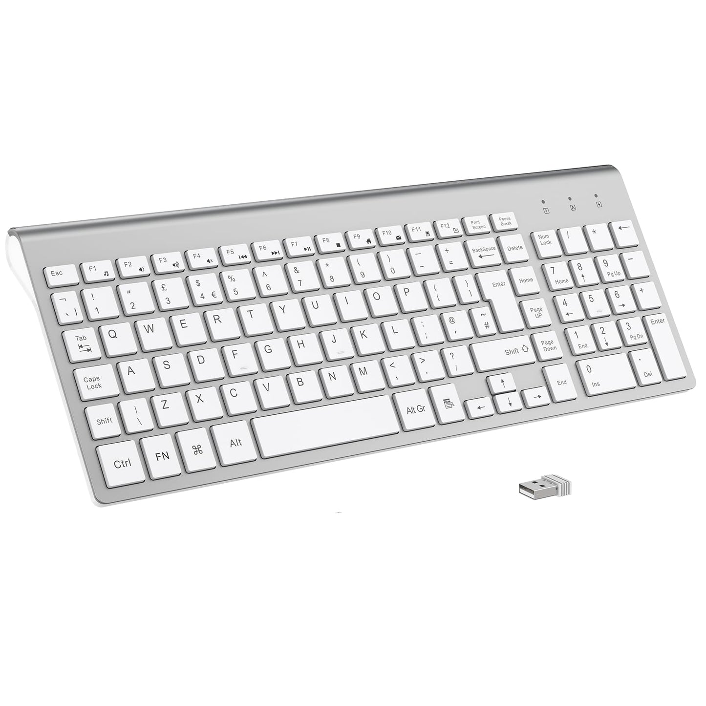 cimetech Wireless Keyboard, 2.4G, Ergonomic with Number Pad, Silent USB, PC, Laptop, Desktop, Windows 10/8/7/XP - Silver White