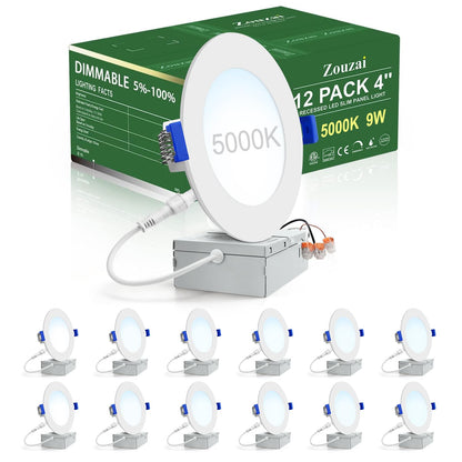 zouzai 12 Pack 4 Inch Ultra-Thin LED Recessed Ceiling Light with Junction Box, 5000K Daylight, 9W Eqv 80W, Dimmable Canless Wafer Downlight, 810LM High Brightness, ETL and Energy Star Certified