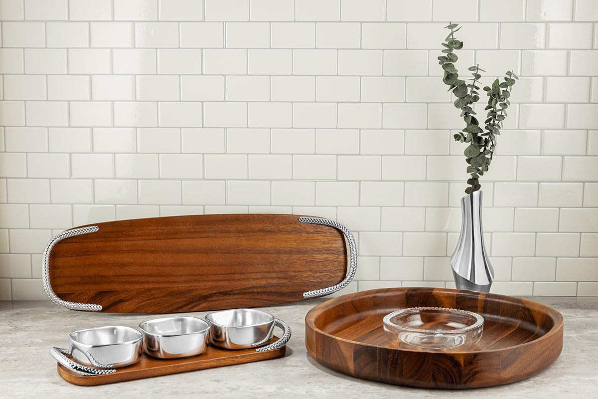 Nambe Braid Condiment Trio, Designed by Sean O’Hara – Square Alloy Bowls with Acacia Wood Serving Tray & Chrome Handles – Appetizer, Dip & Snack Server, Modern Scandinavian Design