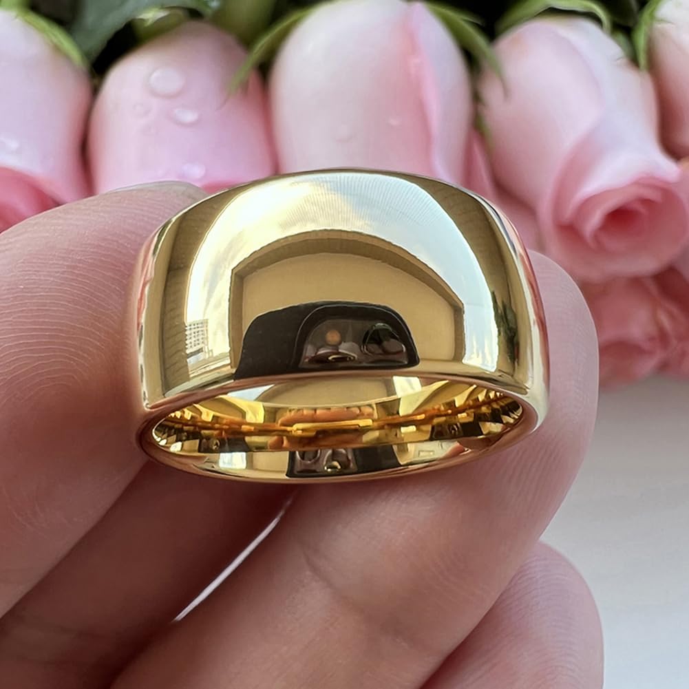 TUTISS 10mm Gold Tungsten Rings for Men Women Engagement Wedding Bands Domed Polished Comfort Fit Size 13