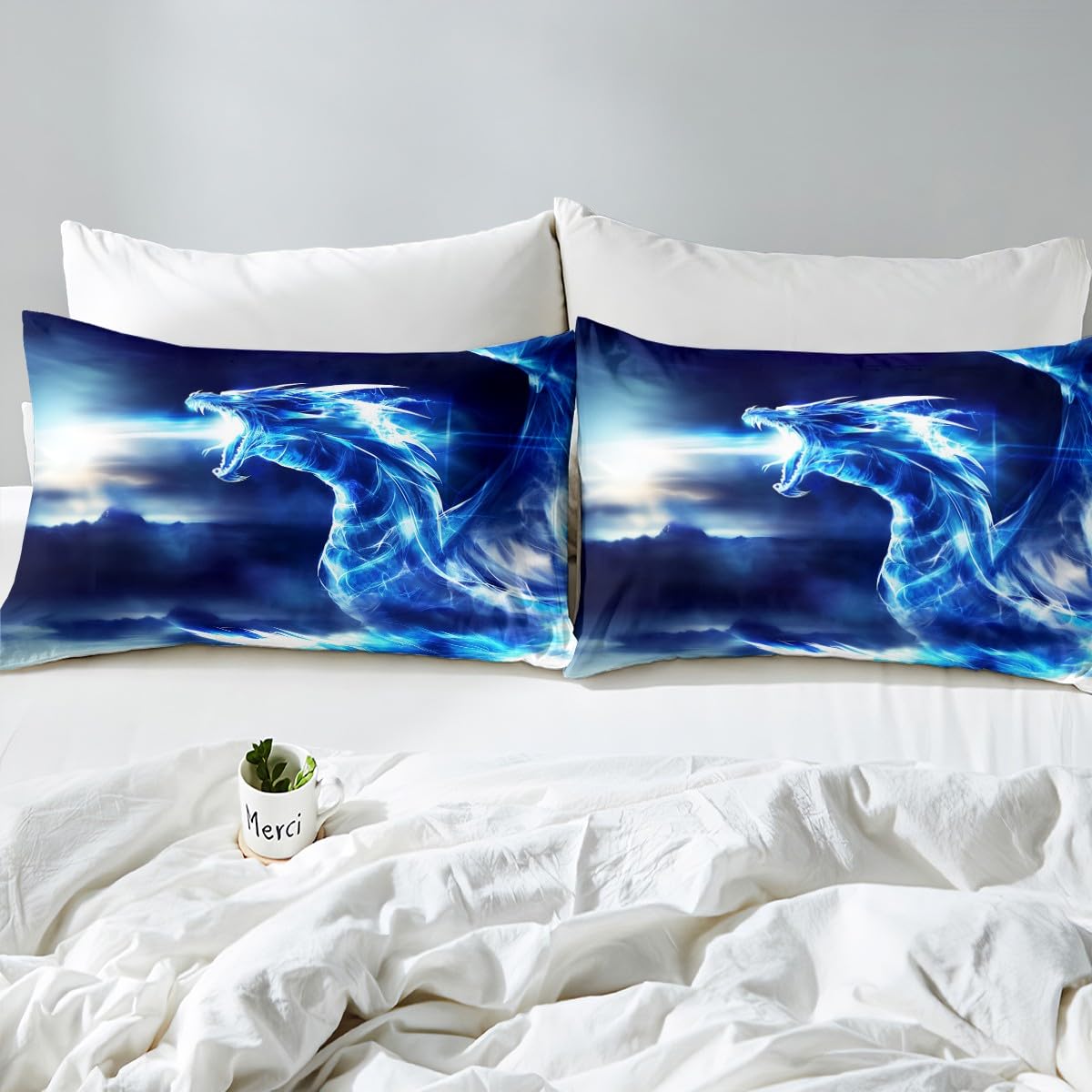 Feelyou Dragon Bed Sheet Set Trippy Western Sheets Set Cool Ice Dragon Bedding Fitted Sheet for Kids Boys Queen Size Includes 1 Sheets & 2 Pillowcases (No Flat Sheet)