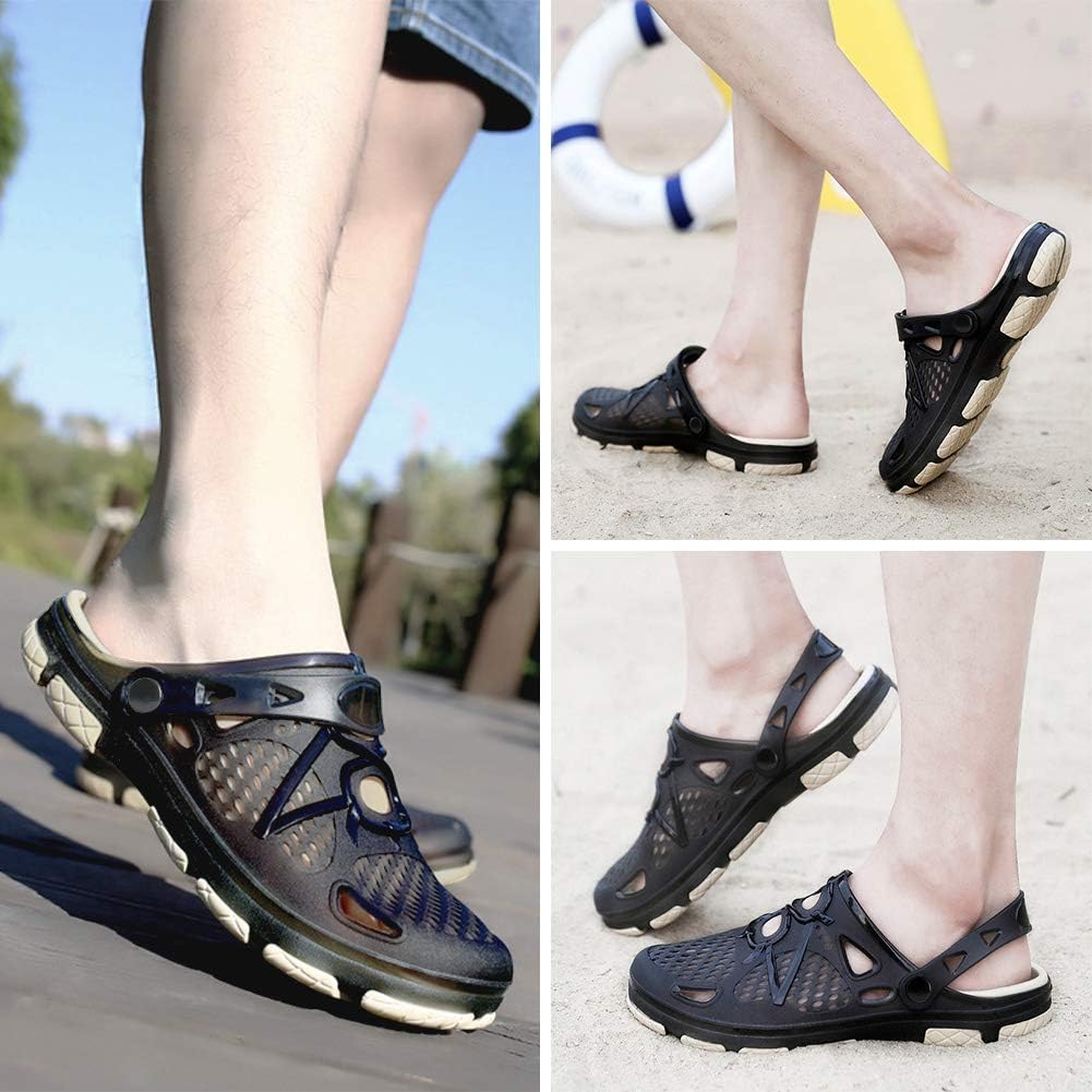 beister Mens Clogs Non Slip Water Shoes with Adjustable Strap, Lightweight Slip on Mules Garden Kitchen Outdoor Beach Yard Pool Shower Summer Sandals Slippers Black Beige