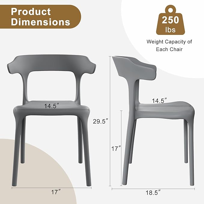 VECELO 4 Pack Plastic Stacking Chairs, Stackable Dining Chairs for Kitchen Restaurant Patio, Portable Indoor Outdoor Use, No Assembly Required, Gray