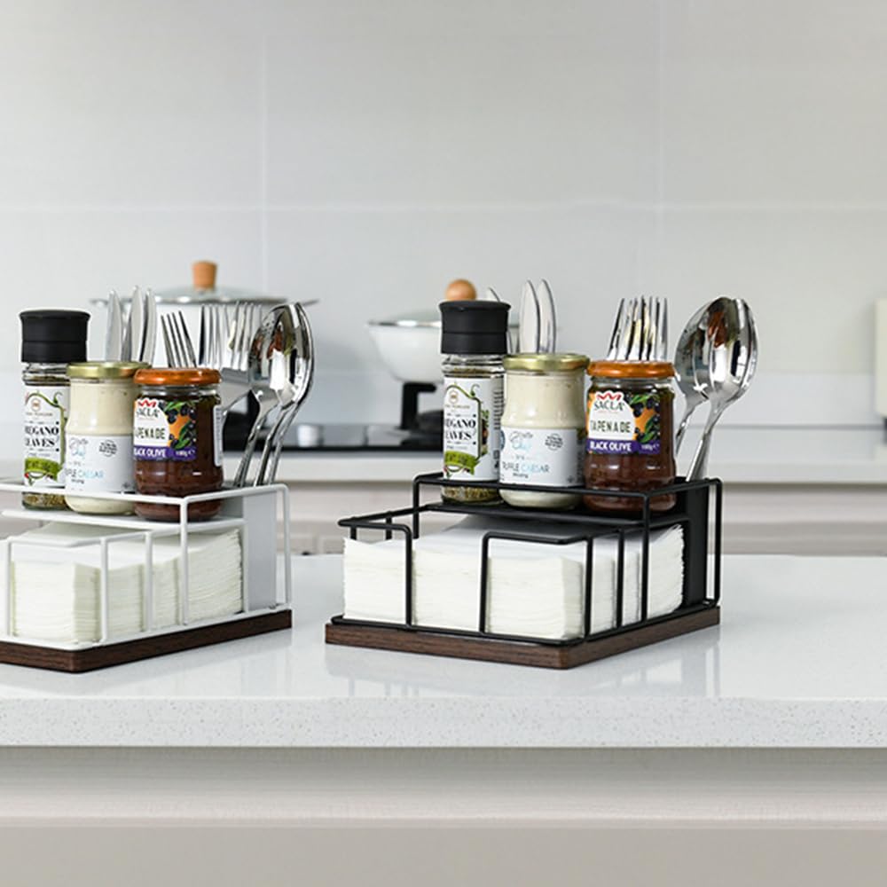 Napkin Holder for Table, Countertop Organizer - Flatware Holder for Forks, Spoons, Knives, Napkin Dispenser and Salt and Pepper Shakers Storage, Kitchen Cutlery Caddy for Dining Table, Buffet, Camping