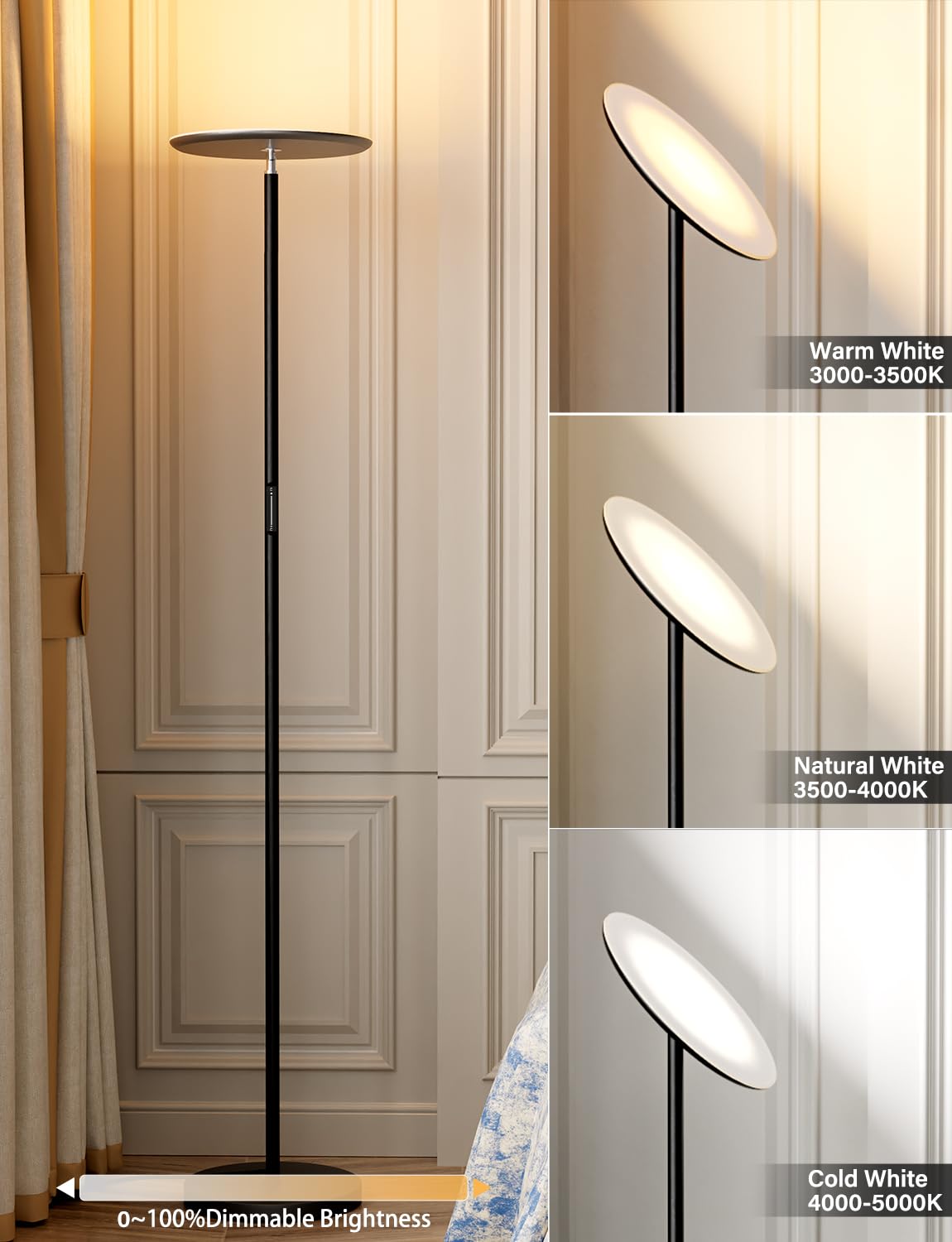 PreeOtti Modern LED Floor Lamp - Remote & Touch Control, 40W/2400LM Sky Torchiere Standing Lamp, Fully Dimmable, 3 Color Temperatures, Ideal for Living Room & Bedroom, Easy to Assemble