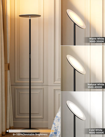 PreeOtti Modern LED Floor Lamp - Remote & Touch Control, 40W/2400LM Sky Torchiere Standing Lamp, Fully Dimmable, 3 Color Temperatures, Ideal for Living Room & Bedroom, Easy to Assemble
