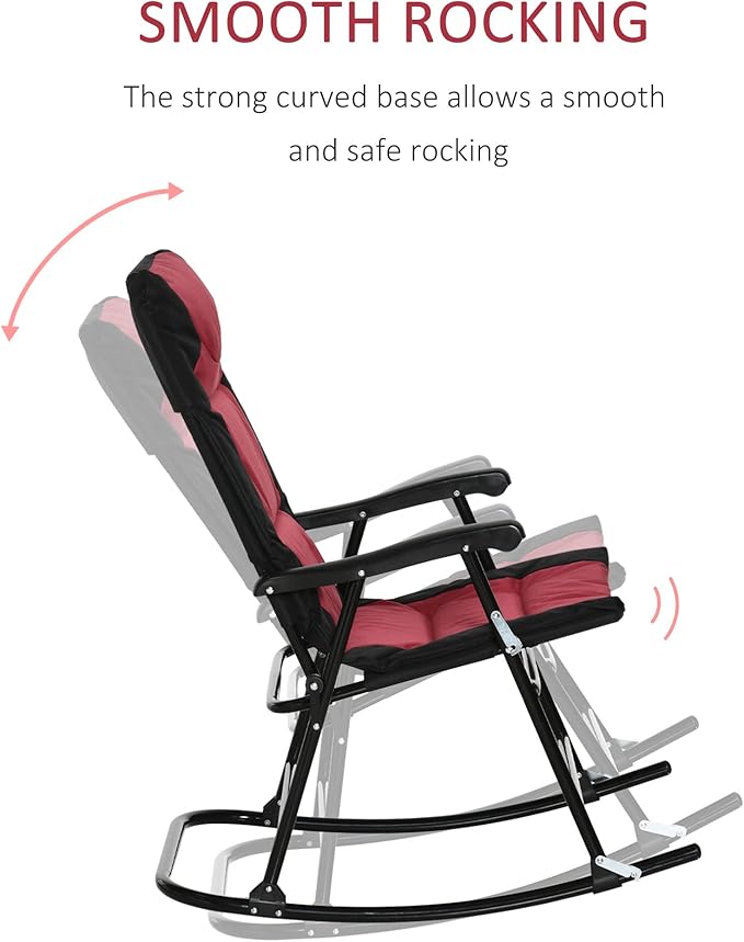 Outsunny Oversized Folding Rocking Camping Chair Set of 2, Padded Outdoor Rockers with High Back and Armrests, Portable Outdoor Patio Chairs with Steel Frame for Garden, Porch, Lawn, Red