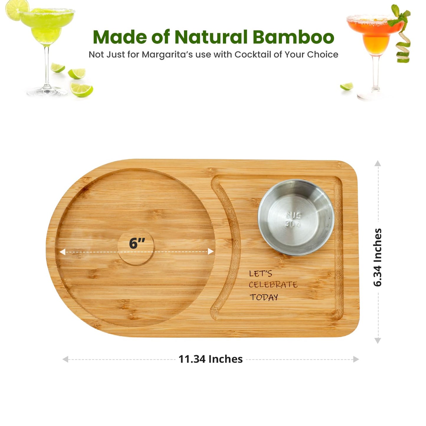 Margarita Salt Rimmer Set for up to 6" Rims - Bamboo 'Let's Celebrate Today' Wood Margarita Rimmer Set w/Bowl & Room for Margarita Accessories- Margarita Sugar Rimmer for Cocktails