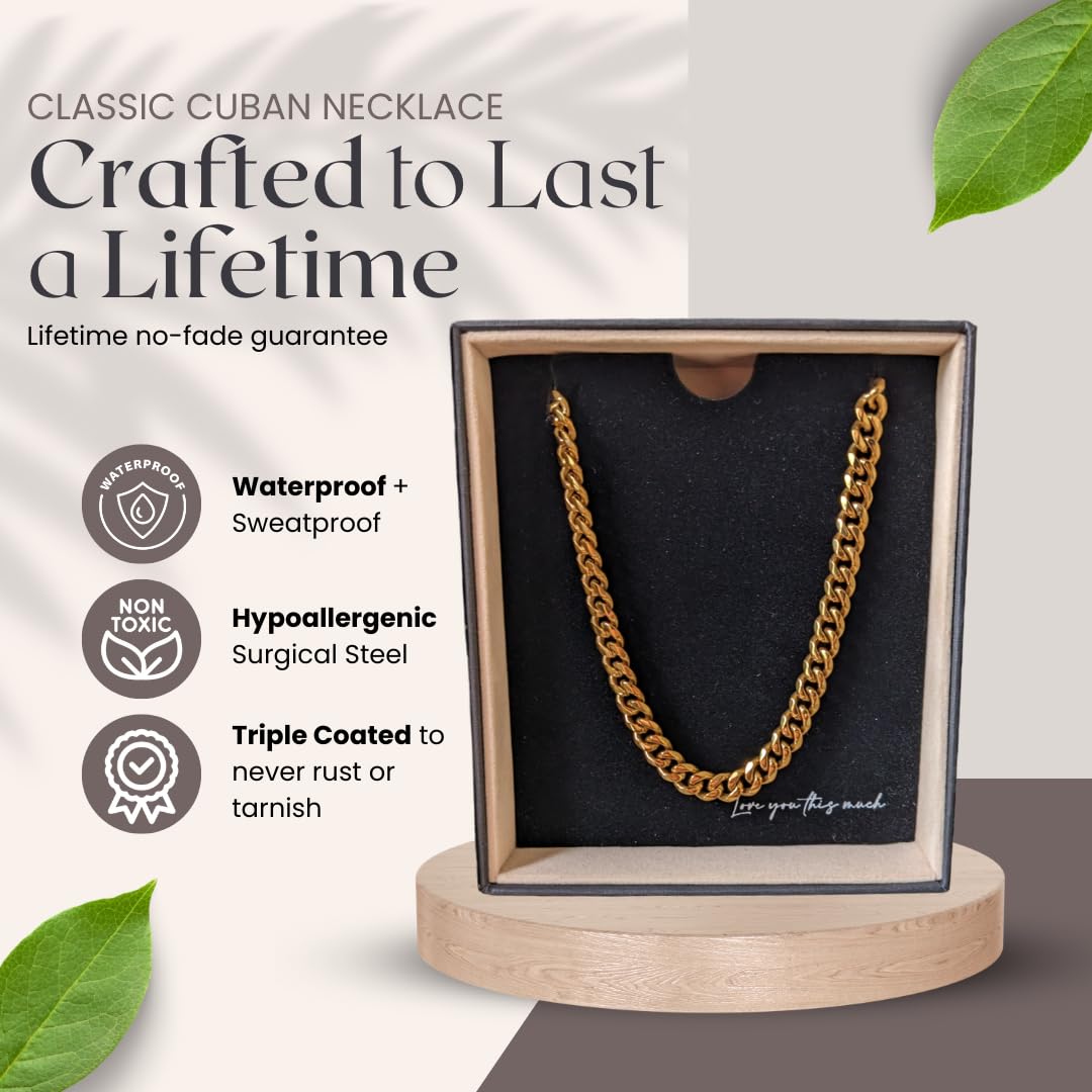 Love You This Much Promise 5mm Cuban Chain Necklace for Him, 22" Length + Luxury Box, Sentimental Gift for Him, BF Present for Birthday, Gift Ideas for Boyfriend Christmas (18k Gold Finish)