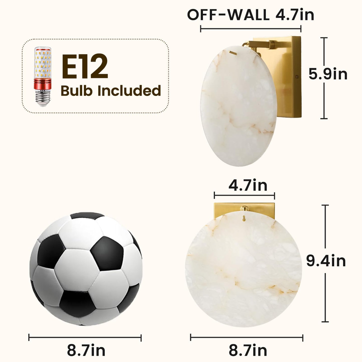 DLITISH Natural Alabaster Wall Sconce, 8.7 inch Round White Marble Wall Lamp with Gold Metal Base, Modern Alabaster Wall Light Fixture for Bedroom, Living Room, Dining Room, Hallway (E12 Bulb)
