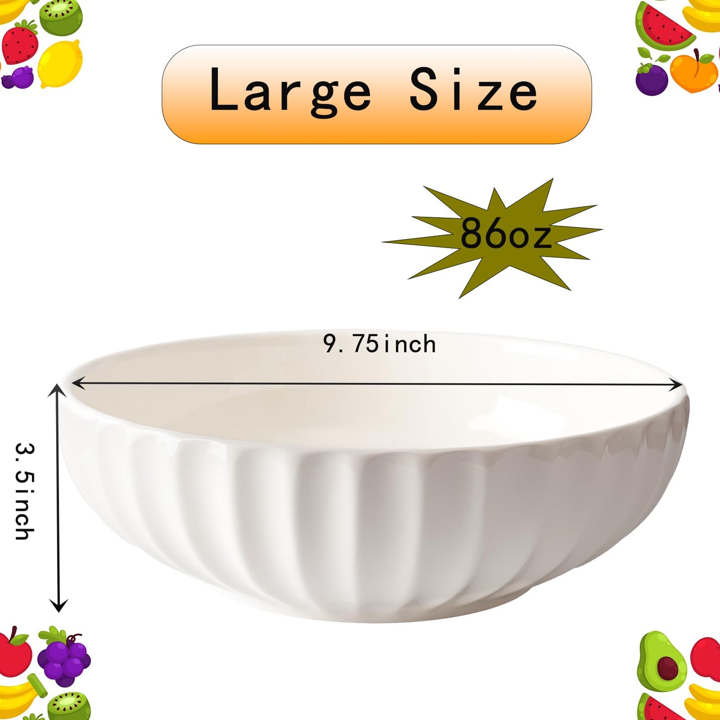 Opeikla Large Ceramic Fruit Bowl for Kitchen Counter, 10-Inch White Fruit and Vegetable Bowl, Decorative Serving Bowl for Home