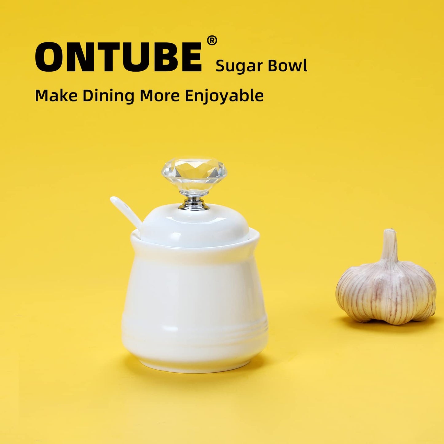 ONTUBE Ceramics Sugar Bowl with Crystal Lid and Spoon 12oz, Silver