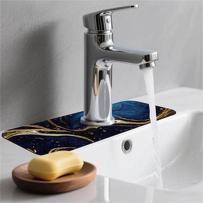 Kitchen Sink Splash Guard，Blue and gold marble texture Faucet Mat Sink