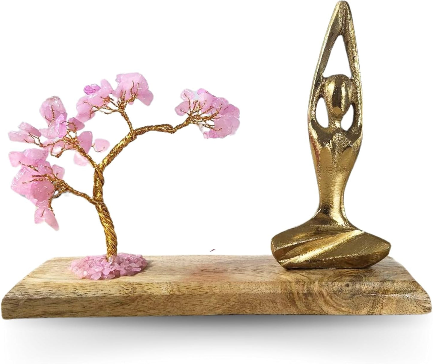 HOME INFINIX Rose Quartz Crystal Tree with Golden Yoga Figurine – Handmade Bonsai Gemstone Tree on Wooden Base for Healing & Positivity, Meditation, Feng Shui, Reiki, Spiritual Home Decor, Zen Gift