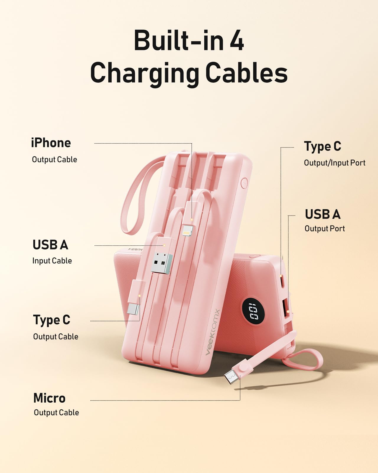 VEEKTOMX Portable Charger Built-in Cables, Power Bank for iPhone, Fast Charge USB C Battery Pack Travel Essentials Powerbank Compatible with iPhone 17/16/15/14, Samsung S25/24