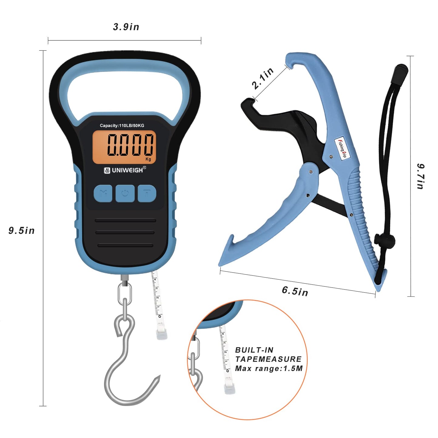 UNIWEIGH Waterproof Fishing Scale with Lip Gripper,110lb/50kg Postal Hanging Luggage Scale with Hook, Digital Handing Scale with 60inch Tape Measure,Luggage Hook, Backlit LCD Display