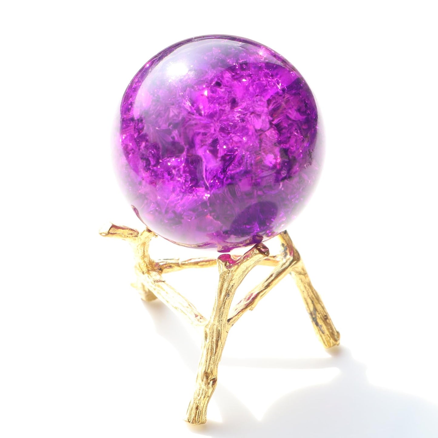 50mm Crystal Ice Cracked Balls with Metal Branches Base Paperweight K9 Glass Decorative Ball Decor for Home Table Room Office Wedding Ornaments (Purple)