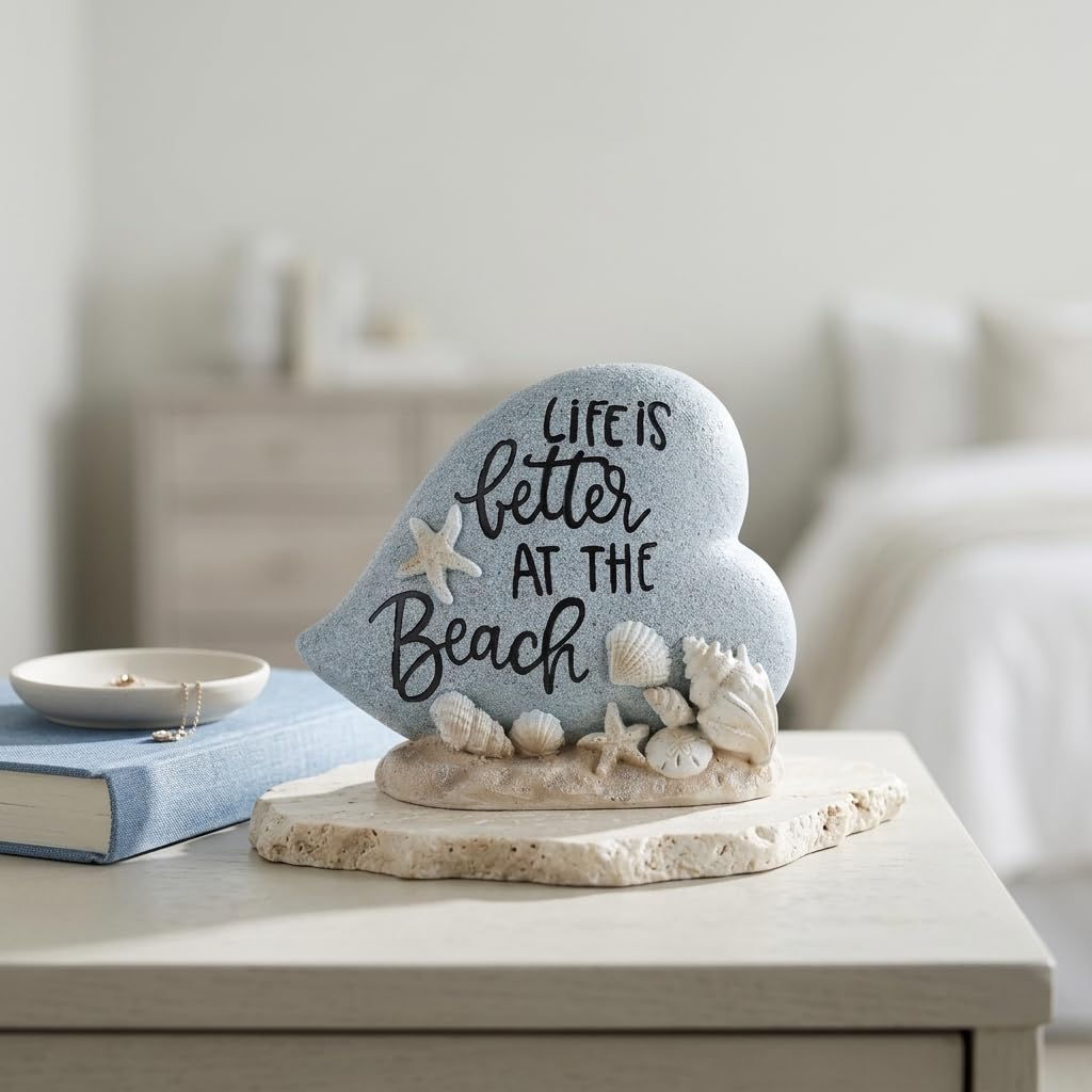 DOVDOV Resin Beach Decor Statue with Seashell and Starfish Accents, Coastal Heart Tabletop Sculpture with Life is Better at the Beach Message for Shelf Mantel Desk Home Display (Blue)